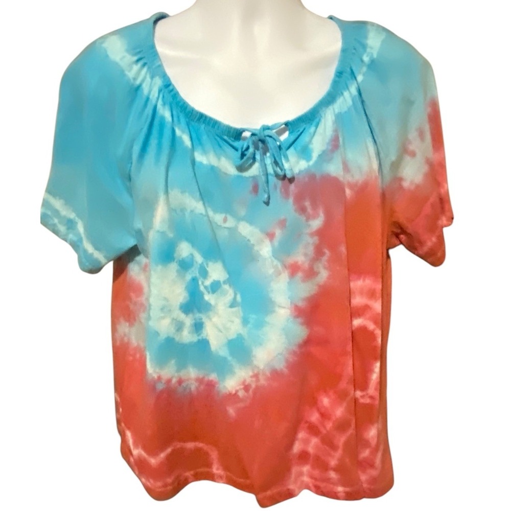 Janina Curved Womens Top XL Tie Dye Cotton Tie Neck Short Sleeve Peasant Tshirt